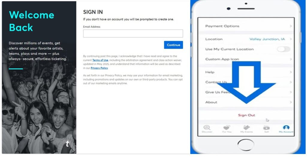 Ticketmaster login/logout pages